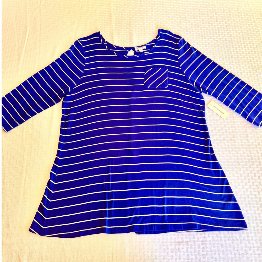 Molly & Isadora Blue White Striped Tunic Top 0X 3/4 Sleeve Keyhole RP18T076 NEW